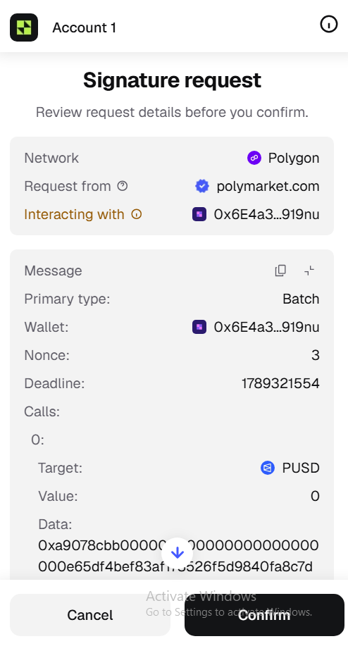 Example wallet signature request showing Polygon, polymarket.com and a Batch message